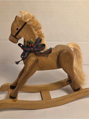 Wooden Rocking Horse Straw Tail Decor Vintage 8”